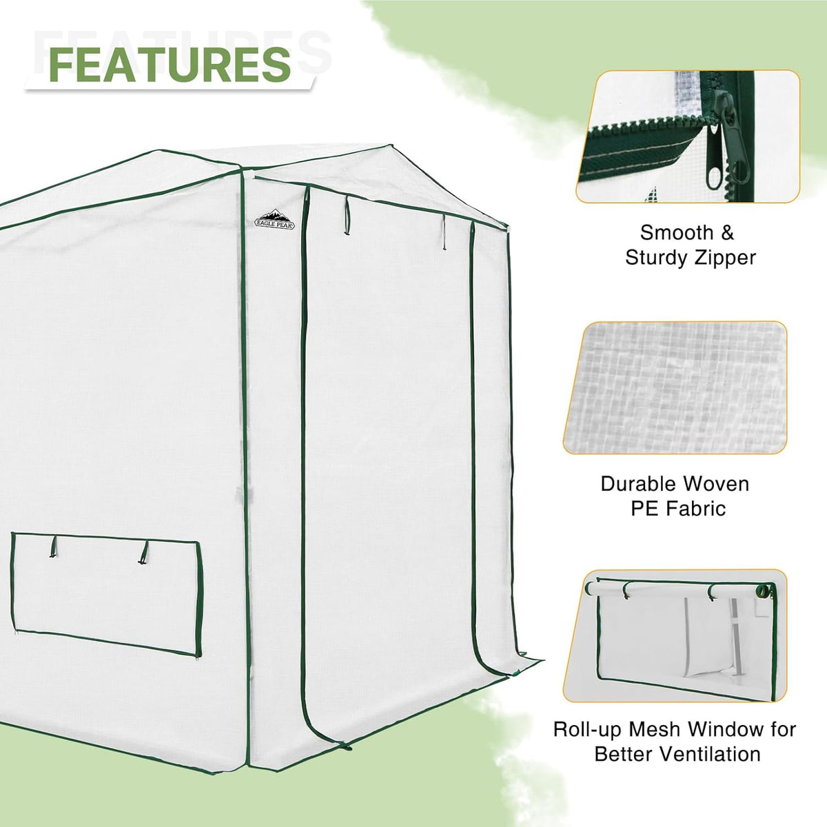 EAGLE PEAK Woven Replacement Cover for 8x6 Portable Walk-in Pop up Greenhouse, Front and Rear Roll-Up Zipper Entry Doors and 4 Roll-Up Side Windows (Frame Not Included), White