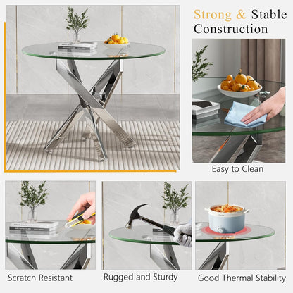 Round Glass Dining Table Set for 2, Small Kitchen Table Set for 2, 35" Round Glass Table and Olive Green Velvet Tufted Chairs Set of 2, 3 Piece Round Dining Room Table Set for Breakfast Dinette Cafe
