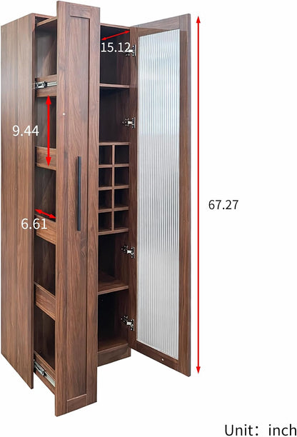 Kitchen Pantry Cabinet with Pull-Out 5-Tier Storage Shelf Space Saving Storage Organizer Cabinet with Glass Door Wine Racks Cup Holder for Kitchen, Dining Room, Bar, Walnut