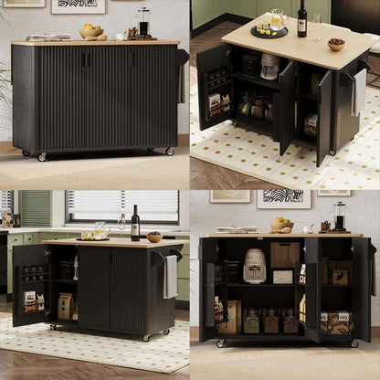 Movable Kitchen Island with Drop Leaf Countertop Height-Adjustable Shelves, Kitchen Island with Drop Leaf with Wheels Towel Rack， for Kitchen, Dining Room, Black