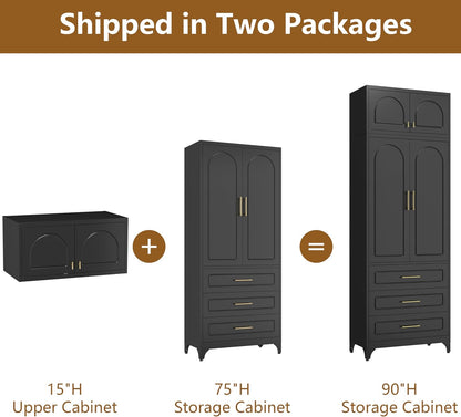 Polup Kitchen Pantry Cabinet with 3 Drawers, 90" Tall Metal Storage Cabinets with Doors and Shelves, Food Cupboards for Dining, Living Room, 16" D x 32" W x 90" H, Black, Assembly Required