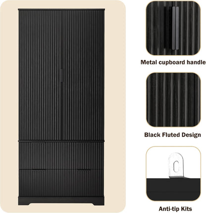 72" Modern Fluted Kitchen Pantry Cabinet with 2 Large Drawers & 8-Door Spice Rack, Freestanding Storage Organizer for Entryway, Dining Room, Office, and Bathroom (Black)
