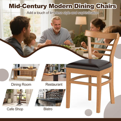 KOTEK Wooden Dining Chairs Set of 2, Solid Rubber Wood Kitchen Chairs with PU Leather Cushioned Seat and Curved Backrest, Armless Side Chairs for Dining Room, Living Room (Brown & Black)