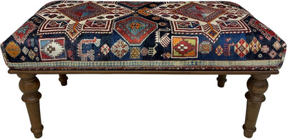 Animal Print Rug Upholstered Ottoman, Boho Piano Bench, Decorative Wood Bench, Farmhouse Bench, Red Blue Entry Bench, Kitchen Dining Bench, Footstool (18x18x36, Red-Blue)