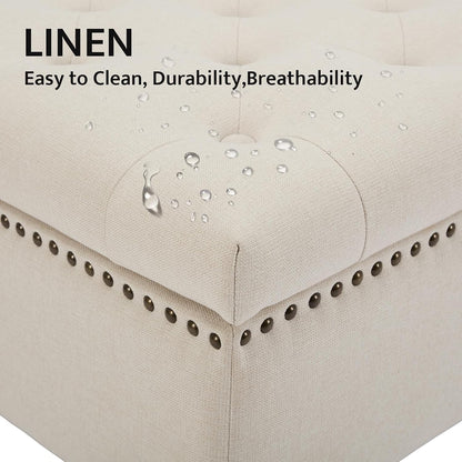 Large Square Storage Ottoman Uphlostered Tufted Button Coffee Table, Beige