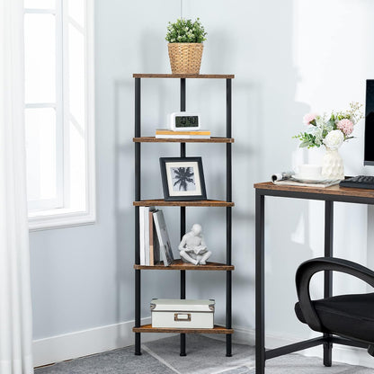 HOOBRO Corner Shelf Stand, Industrial 5-Tier Corner Bookshelf with Metal Frame, Plant Display Shelf, Small Bookcase for Small Spaces, Bedroom, Living Room, Rustic Brown BF33CJ01