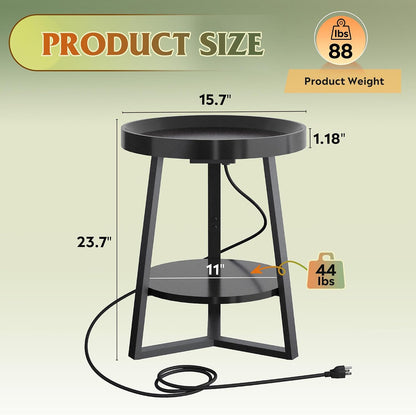 WLIVE Small Round Side Table with Charging Station, Round Coffee Table, 2 Tier End Table for Living Room/Bedroom, Sofa Couch, Easy to Assemble, Wood Tabletop & Metal Frame, Black