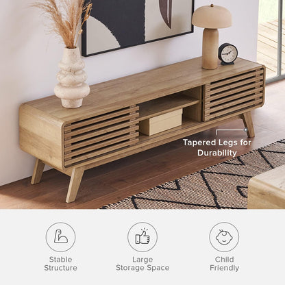 mopio Ensley 59" TV Stand with Slatted Door, Mid Century Modern Entertainment Center for 55/60/65 inch TV, Farmhouse Media Console with Storage, Adjustable Shelves, Round Edges, Living Room (Oak)