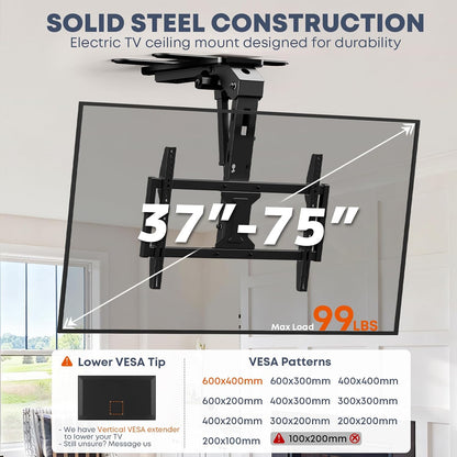 Motorized Ceiling TV Mount Flip Down with Remote for 37-75‘’ TVs, Black | Space Saving and Adjustabe, Fits Flat and Pitched Roof, Electric Drop Down TV Mount, Max VESA 600x400 mm, Max holds 99lbs