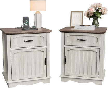 Halitaa Nightstands Set of 2 with Charging Station, White Oak | Bedside Table with Large Drawer, Side Table with Storage Cabinet and Adjustable Shelf, Farmhouse End Table for Bedroom