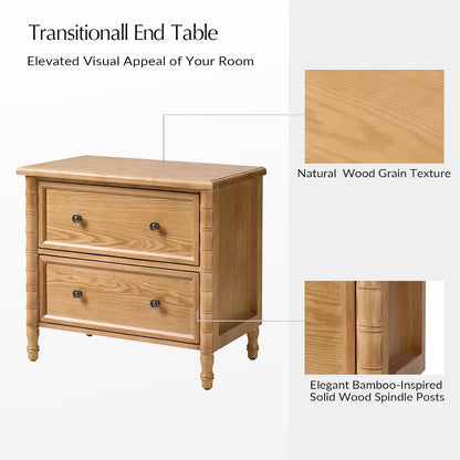 HULALA HOME 26" Solid Wood End Table with Spindle Legs, 2 Drawer Accent Table with Built-in Charging Station, Refined Transitional Style(Oak, Set of 2)