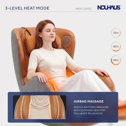 NOUHAUS Heated Classic Massage Chair Full Body and Spot Massaging Recliner with Ottoman, Bluetooth Speaker, in-Chair Charger. Portable Shiatsu Body Massager Chair (Caramel, Leather)