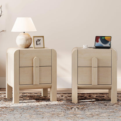 WAMPAT 23.7" Tall Beige Nightstands Set of 2, Modern Mid Century End Table with Charging Station, Wood Bedside Table w/2 Storage Drawers, Side Table Bedside Cabinet for Bedroom,Living Room，Beige