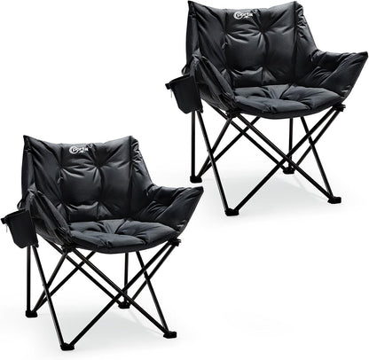 Portal 33" Oversized 2 Pack Padded Camping Chair - Heavy Duty Folding Chair with Cup Holder & Side Pocket, Supports 350 lbs, for Camping, Lawn, Sports, Black