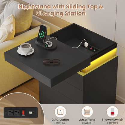 ADORNEVE Black Night Stand with Drawers and LED Lights | Bedside Table with Charging Station,Large Nightstand with Sliding Top,Modern End Side Table for Bedroom