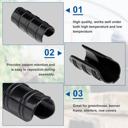 Mtsooning 32mm Greenhouse Frame Pipe Tube, 10 Pcs Plastic Garden Buildings Tube Clip, Black ABS Snap Clamp Tube Film Clip Connector for Sunshade Nets Frame Shelters Season Plant Supplies