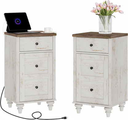 WAMPAT Set of 2 End Table with Charging Station, Wood Nightstands with Drawer and Storage Cabinet, Modern Side Tables Living Room, Farmhouse Night Stands Bedside Table for Bedroom, Rustic White