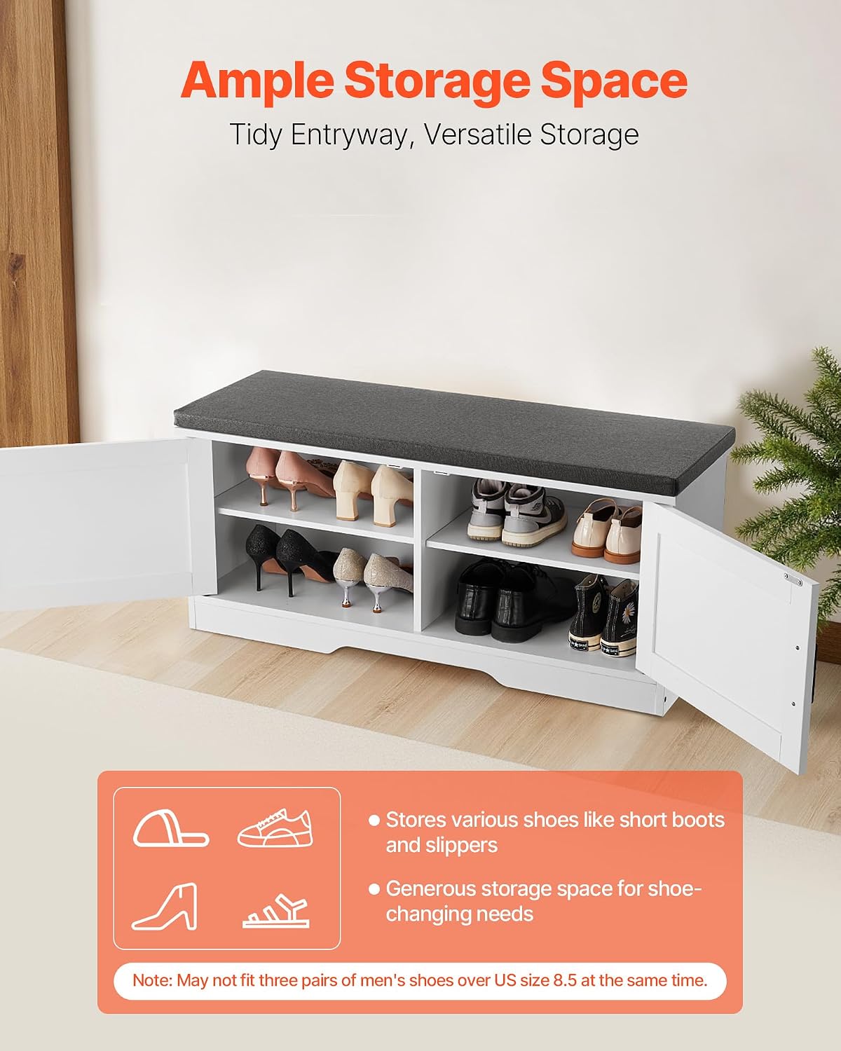 VEVOR Shoe Storage Bench with Padded Cushion & 2 Barn Doors, Entryway Bench 39.4 x 14.0 x 18.1 Inches, for Entryway, Hallway, Living Room, Bedroom