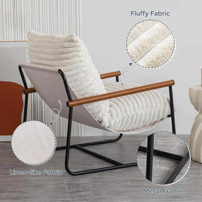 MAXYOYO Accent Chair, Sherpa Arm Chair for Living Room, Mid Century Modern Accent Chairs, Boucle Reading Bedroom Chair, Teddy Armchair, Wooden Arms Metal Frame