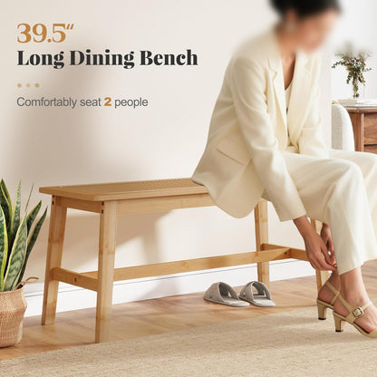 Giantex 39.5" Bamboo Dining Bench with Handwoven Rattan Seat, 600lbs Capacity, Shoe Ottoman, Kitchen Table Bench for Indoor Outdoor, Bedroom, Bathroom, Front Door, End of Bed, Entryway (Natural)