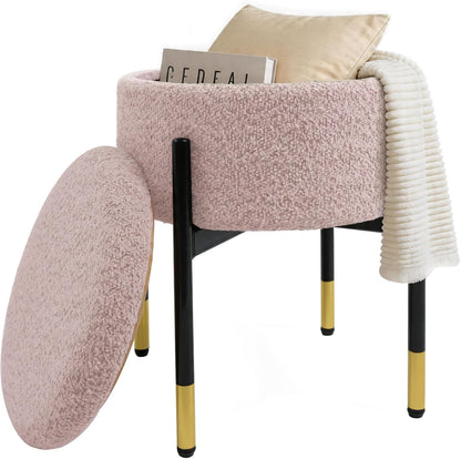 Round Ottoman with Storage, Soft Velvet Vanity Stool, Ottoman Coffee Table with Metal Legs, Foot Stool for Living Room Bedroom, Pink