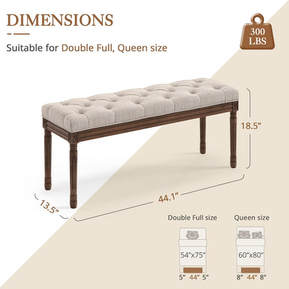 LUE BONA 44" Bedroom Bench, Fabric End of Bed Bench, Upholstered French Tufted Ottoman Bench with Carved Dark Brown Wood Legs for Bedroom End of Bed, Living Room, Linen