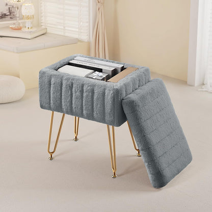 DUMOS Vanity Storage Ottoman Stool, Compact Faux Fur Footstool with Soft Seat, Modern Cute with 4 Metal Legs & Adjustable Feet for Bedroom, Living Room, Dressing Area & Dorm Grey