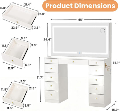 Pamapic Glass Top Vanity Desk with Crystal Handles and 11 Drawers, Makeup Vanity with Mirror and Lights, 3 Lighting Modes Dressing Table, Power Outlet, Silent Slides, White