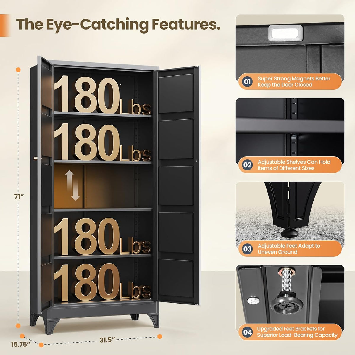 Yizosh Metal Storage Cabinet with 2 Doors and 4 Adjustable Shelves - 71" Black Kitchen Pantry Storage Cabinet,4-Tier Tall Steel Cabinet Locker for Living Room,Dining Room,Kitchen