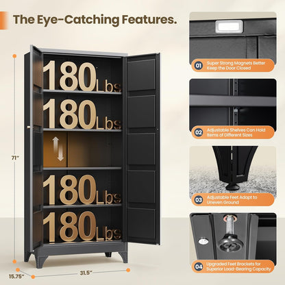 Yizosh Metal Storage Cabinet with 2 Doors and 4 Adjustable Shelves - 71" Black Kitchen Pantry Storage Cabinet,4-Tier Tall Steel Cabinet Locker for Living Room,Dining Room,Kitchen
