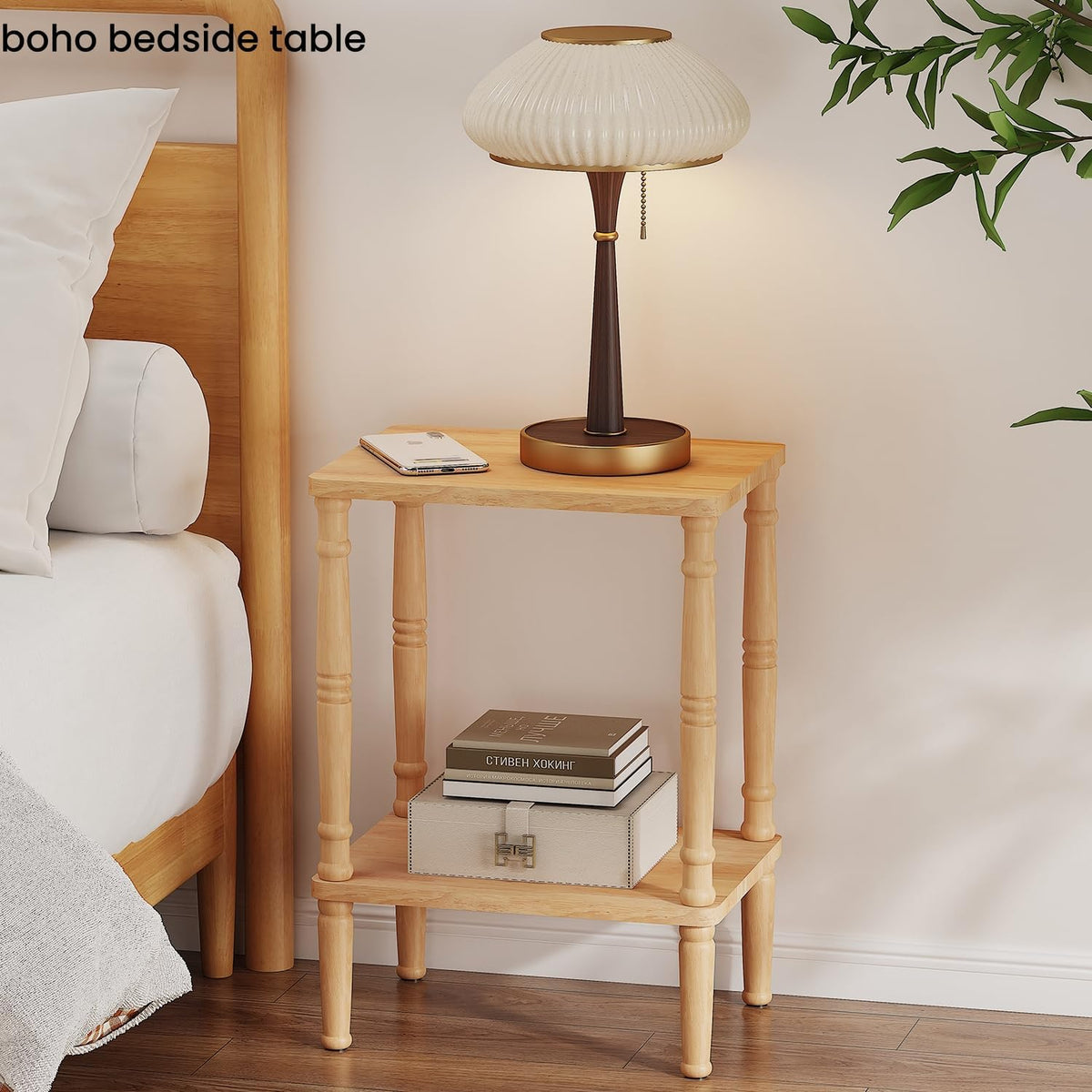 LUCKNOCK Solid Wood Side Table, Small Vintage End Table, Narrow Couch Side Table with Storage, Skinny Nightstand Bedside Table for Small Spaces, Bedroom, Living Room, Farmhouse, No-Tool Assembly.