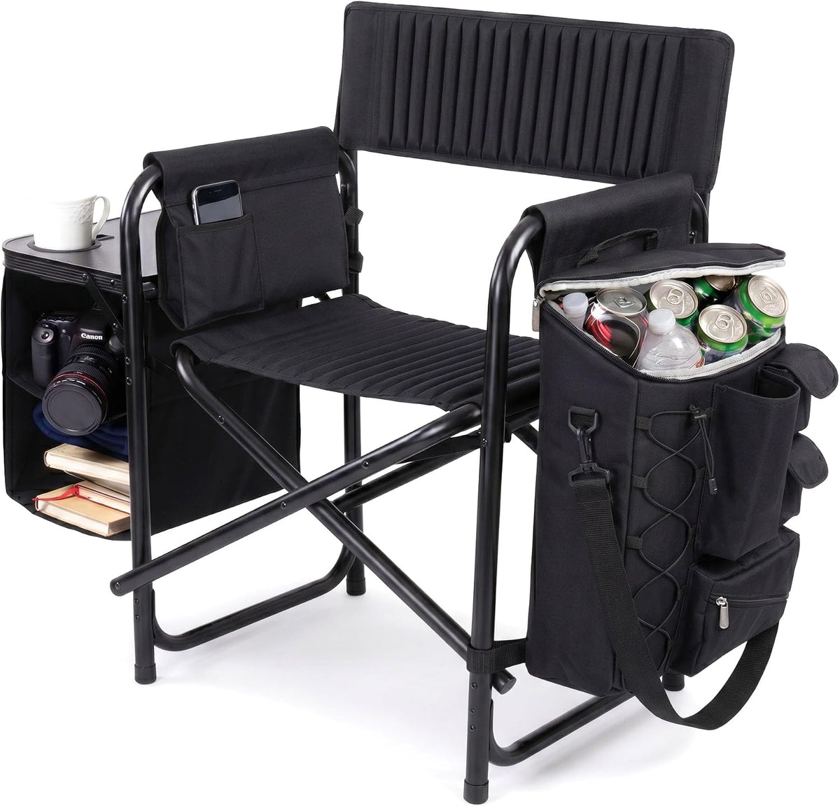 Picnic TIME Fusion Camping Chair with Side Table and Soft Cooler, Outdoor Foldable Padded Camping Chairs with Shelves, Pockets, & Cup Holder for Lawn, Beach, & Sports Use for Adults, (Matte Black)