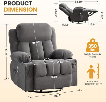 Swivel Rocker Recliner Chair with Vibration Massage & Lumbar Heating, Ergonomic Lounge Chair for Living Room, Rocking Function, Side Pocket, 2 Cup Holders, USB Charging Port