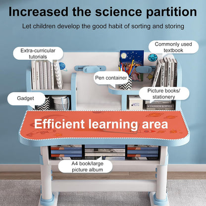 Kids Desk and Chair Set,Height Adjustable Children Study Desk Chair Set,School Student Writing Desk Table with Drawer Bookstand,Ergonomic Student Learning Table Desk Chair for Girl Boy, Blue C