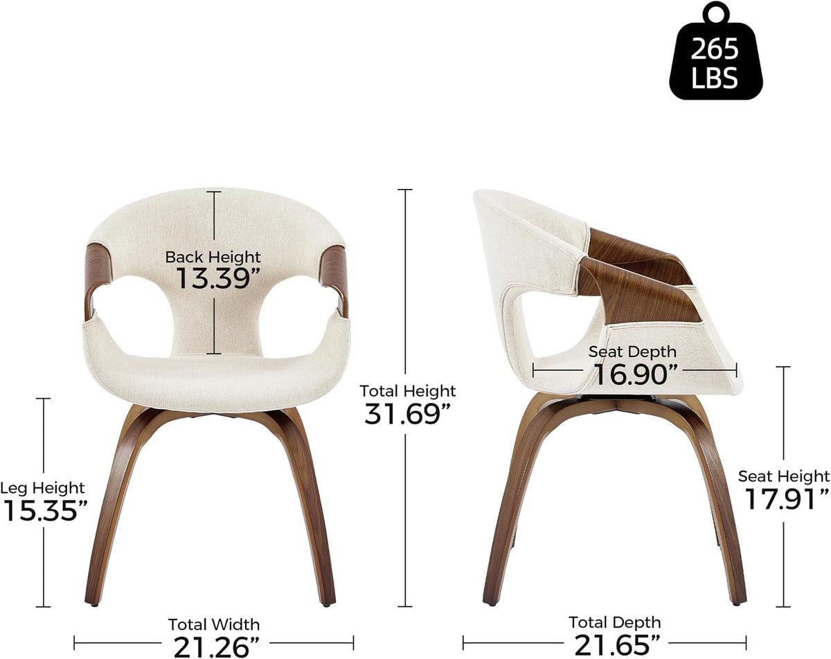 Zouron Mid-Century Swivel Dining Chair, Fabric Upholstered Accent Chairs with Bentwood Arms & Legs, Padded Armchair with Backrest for Kitchen, Dining Room, Living Room, Beige