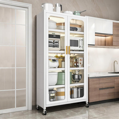 65" Kitchen Pantry Storage Cabinet 6 Tier Metal Display Storage Cabinet With Transparent Door Adjustable Shelves & Wheels Versatile Storage Food Upright Cabinets For Kitchen Dining Room White