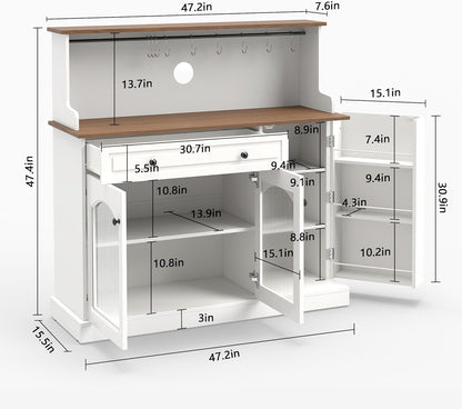 Kitchen Pantry Cabinet with Drawer Storage, 48” Modern Farmhosue Kitchen Hutch with Glass Doors, White Storage Cabinet with Countertop and Adjustable Shelves for Dining Room, Living Room
