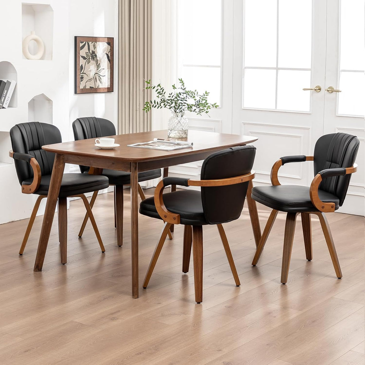 Swivel Dining Chairs Mid Century Modern Black Faux Leather Upholstered Kitchen Chairs with Bentwood Frame Armrests Side Chairs,Comfortable Ergonomic Wood Accent Chair No Wheels,1PCS