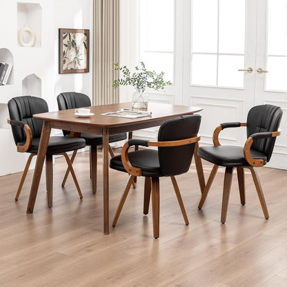 Swivel Dining Chairs Mid Century Modern Black Faux Leather Upholstered Kitchen Chairs with Bentwood Frame Armrests Side Chairs,Comfortable Ergonomic Wood Accent Chair No Wheels,1PCS