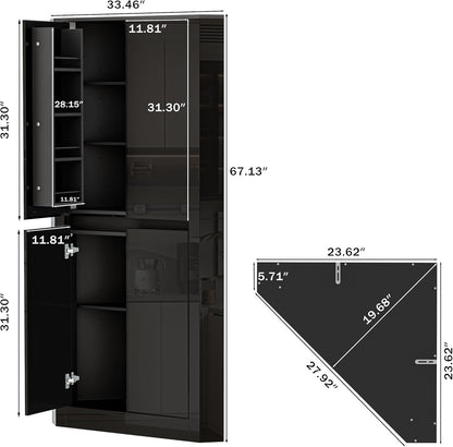 Anbuy 67'' Tall Pantry Cabinet with Led Light, Corner Pantry Cabinet with 4 High Gloss Doors and Adjustable Shelves, Space Saving Storage Cabinet for Food Hutch for Kitchen, Living Dining Room(Black)