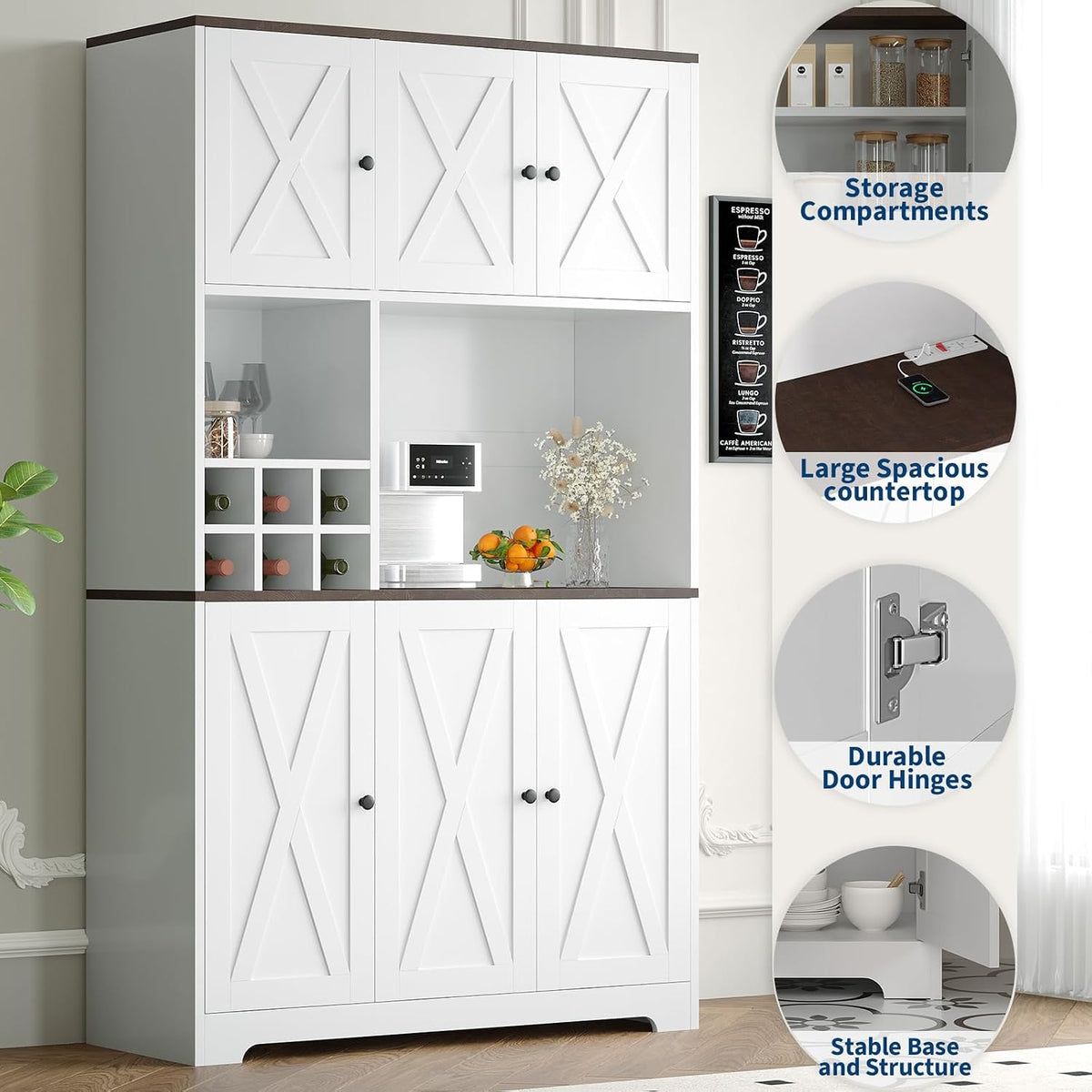 71" Tall Freestanding Farmhouse Pantry Cabinet with Wine Rack, Coffee Bar, Microwave Stand, Adjustable Shelves, Charging Station – Kitchen Hutch for Dining Room or Home Bar Storage Cabinet