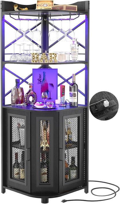 Aheaplus Corner Bar Cabinet with Power Outlet, Industrial Liquor Cabinet | 5-Tiers Wine Cabinet Mini Bar Unit with LED Strip and Glass Holder for Home, Corner Display Cabinet for Small Space, Black
