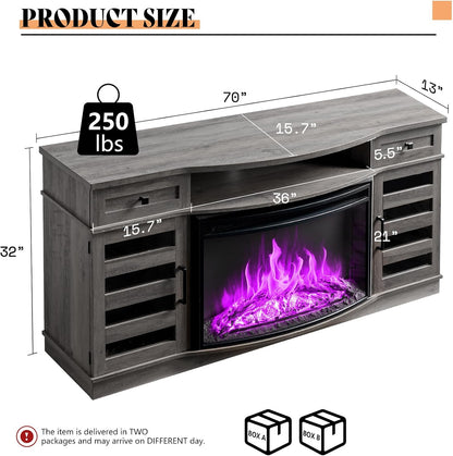 AMERLIFE 70" Fireplace TV Stand with 36'' Curved Electric Fireplace | Wash Gray LED TV Console, Farmhouse Living Room Entertainment Center, 2 Drawers & Adjustable Shelves, Fit TVs up to 80"