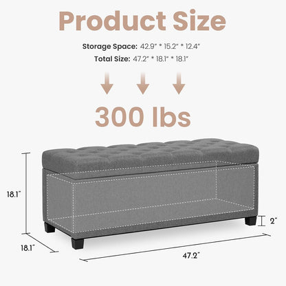 Living&Giving Storage Ottoman Bench for Bedroom, 47.2", Grey | 47.2-inch storage ottoman with safety hinge, tufted upholstered seat and spacious hidden storage for everyday organization.