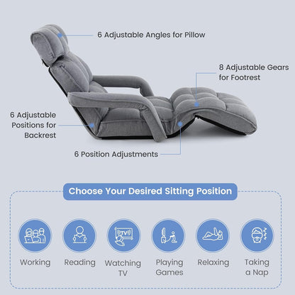 DORTALA Foldable Lazy Floor Sofa, Indoor Chaise Lounge Sofa, 6-Position Folding Padded Lounger Bed with Adjustable Armrest, Backrest and Footrest for Living Room, Bedroom, Office, Gray