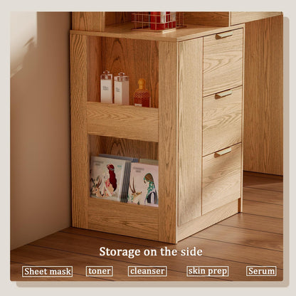 Chrangmay 55.4" Big Modern Vanity Desk with Mirror and Lights,Makeup Vanity Desk with 8 Drawers and Storage Shelves & Power Outlet,RBP Glass Cabinets, Oak