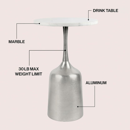 Eyely DNE4002A Noa 20.25" Classic Designer Metal Drink Table and Decorative End Table w/White Marble Round Top and Bell Pedestal Base for Living Room, Bedroom, Antique Nickel