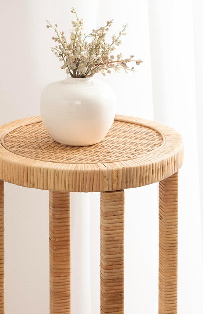 Kate and Laurel Rafina Round Rattan Drink Table, 13 x 13 x 28, Natural Brown, Transitional Boho Circle Wooden Accent Pedestal Table for Indoor Plant Stand or Living Room Decor Accent