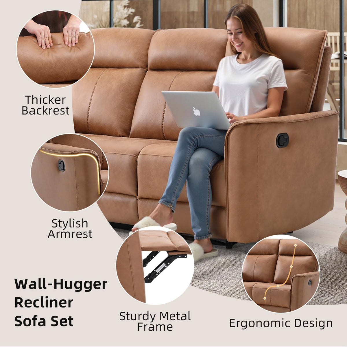 CANMOV Manual Loveseat Recliner Sofa, Wall-Hugger 2 Seat Reclining Love Seat Couches, Leathaire Reclining Sofa Set, Double Seater Recliner Chair for Living Room, Office, Apartment, Brown