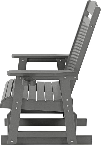 Poly Lumber Patio Glider for One Person, with Cup Holders, High Backrest and Deep Contoured Seat, HIPS Material, All-Weather Resistant, Heavy Duty 700 LBS (Gray)